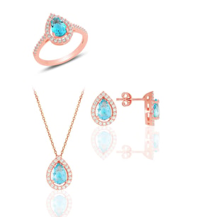 Söğütlü Silver Gümüş rose akuamarin taşlı damla modeli üçlü set