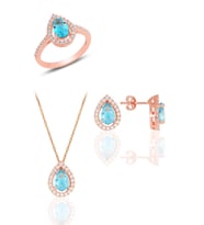 Söğütlü Silver Gümüş rose akuamarin taşlı damla modeli üçlü set