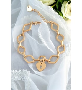 Kilitli Kalp Gold Çelik Charm Bileklik