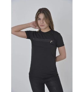 Kadın Gögüs Fermuarlı T-Shirt Kısa Kol Bisiklet Yaka Slimfit Tişört - Siyah