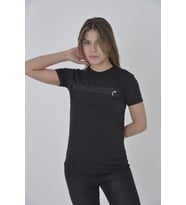 Kadın Gögüs Fermuarlı T-Shirt Kısa Kol Bisiklet Yaka Slimfit Tişört - Siyah
