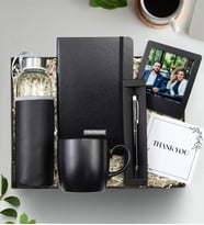 Kişiye Özel Siyah Defter & Siyah Touchpen & Siyah Kupa & Deri Kılıflı 500 Ml Cam Matara & İnstagram Çerçeve Hediye Seti