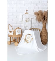 Pia Baby Premium  %100 Pamuk İsme Özel Kız Bebek Battaniye Tulum Hastane Çıkışı Hediye Seti 5087-05 (Ekru)