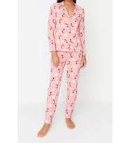 Tarz Rahat Uzun Kollu Boru Paça %100 Pamuk Yılbaşı Temalı Örme Pijama Takımı (Çok Renkli)