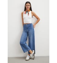 Yüksek Bel Cep Detaylı Wide Leg Jean Mavi