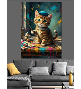 Ressam Kedi Sevimli Çizim Dekoratif Kanvas - Mdf Ahşap Tablo