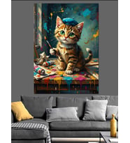 Ressam Kedi Sevimli Çizim Dekoratif Kanvas - Mdf Ahşap Tablo