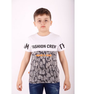 Toontoy Erkek Çocuk Fashion Crew Baskılı Garnili Tişört (Beyaz)