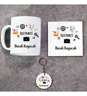 İşletmeci Kupa Bardak Altlık ve Anahtarlık Hediye Seti (Model 1)