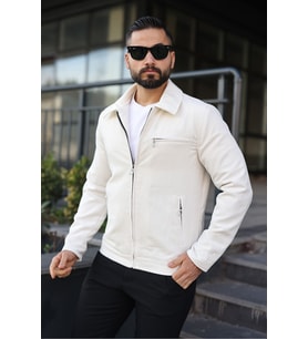 Vintage Kadife Deri Yaka Detaylı Ceket (Krem)