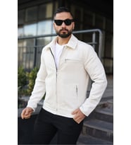 Vintage Kadife Deri Yaka Detaylı Ceket (Krem)