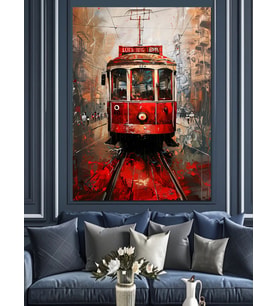 Kırmızı Tramvay İstanbul Şehir Dekoratif Kanvas - Mdf Ahşap Tablo
