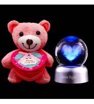 Kişiye Özel Led Işıklı Kalpli Lamba & Peluş Ayıcık Pembe