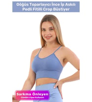Özel Üretim Göğüs Toparlayıcı Sarkma Önleyen Spor Günlük İnce İp Askılı Pedli Fitilli Crop Büstiyer (Mavi)