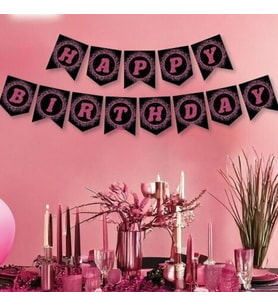 Pembe Siyah Happy Birthday Banner Afiş
