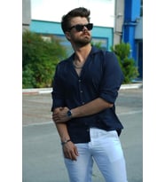 Lacivert Keten Apaj Yaka Relax Fit Hediye Kutulu Erkek Gömlek