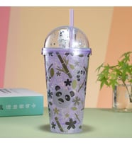 Pandacık Işıklı ve Pipetli Bardak, 450 ml, Buzlu ve Kapaklı, Mor, 20x8 (Mor)
