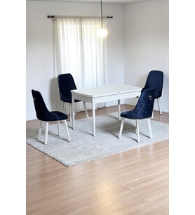 Monera Beyaz 80 x 132 Açılabilen Sunta Masa Metal Ayaklı Mutfak Masası Takımı 4 Lacivert Sandalye