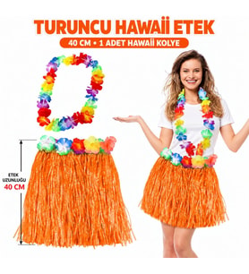 Northcity Hawaii Luau Aloha Turuncu Püsküllü 40 cm Etek ve Hawaii Kolye Seti