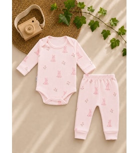 Laren Baby %100 Pamuk Tavşan Desenli 2’li Bebek Zıbın Takımı