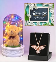 Premium Set Renkli Led Işıklı Fanus ve Zümrüdü Anka Kuşu Kolye (Model 4)