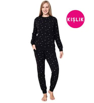 Siyah Puantiye Bisiklet Yaka Bilek Manşet/Lastikli 2 İplik Kışlık Pijama Takımı