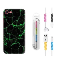 Apple iPhone 5 6 7 8 Plus Se XR Kılıf Kablo Koruma Spiral Silikon Yeşil Şerit Mermer 1320