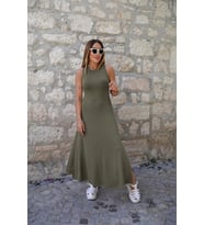 Kadın Arkadan çapraz Detay Yuvarlak Yaka Maksi Viskon Elbise