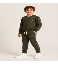 Erkek Çocuk Haki Gezegen Baskılı Beyaz Biyeli Sweatshirt Jogger Eşofman Takımı
