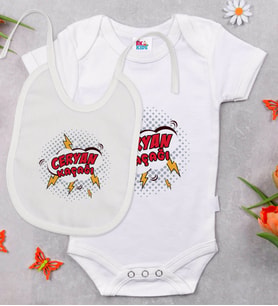 BK Kids Ceryan Kaçağı Tasarımlı Beyaz Bebek Body Zıbın ve Mama Önlüğü Hediye Seti-1