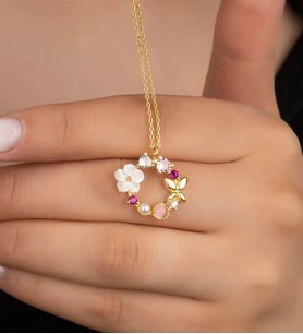 925 Ayar Gümüş Gold Sedefli Güllü Kolye
