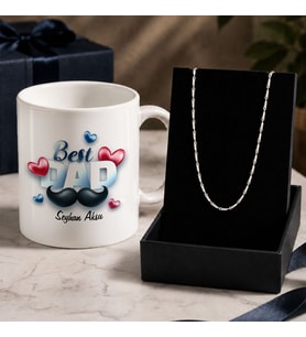 BK Gift Kişiye Özel Babalar Günü Tasarımlı Beyaz Kupa & Yaprak Model Zincir Kolye -10, Babalar Günü Hediyesi