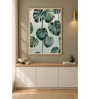 Monstera Deseni Tekrar Eden Yeşil Ahşap Çerçeveli Duvar Tablosu
