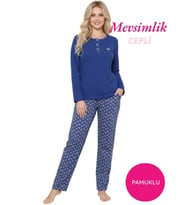 Kadın Etnik Desenli 3 Düğme Pamuk Likra Mevsimlik Uzun Kol Pijama Takımı (İndigo)