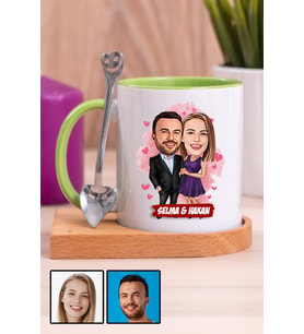 Sevgiliye Romantik Yıldönümü Hediyesi Karikatürlü Ahşap Altlıklı Yeşil Kupa Bardak