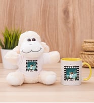 Kişiye Özel Kalp Detaylı Fotoğraflı  Peluş Koyun ve Sarı Kupa