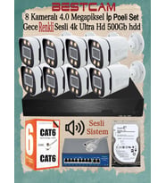 BESTCAM 8 Kameralı 4 Mega Piksel İP Poeli Set Gece Renkli Sesli 4K Ultra HD 500 GB HDD