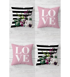 Love Yazılı Ve Çiçekli Kombin Gizli Fermuarlı Kırlent Kılıfı Koltuk Yastık Kılıfı Takım(4adet) (Pembe)