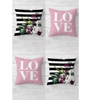 Love Yazılı Ve Çiçekli Kombin Gizli Fermuarlı Kırlent Kılıfı Koltuk Yastık Kılıfı Takım(4adet) (Pembe)