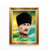 Tablore Deniz ve Gün Doğumu Temalı Atatürk Tablosu - Mavi Gözlü Dev Kalpaklı Portre Duvar Dekoru