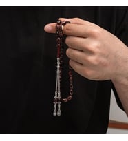 Sıkma Kehribar 925 Ayar Gümüş Tesbih (Bej)