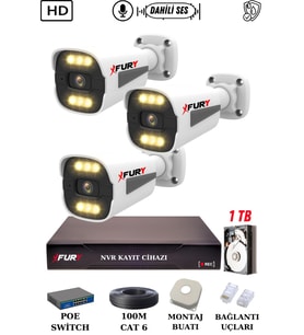 FURY 3 Kameralı Ip Güvenlik Kamerası Seti Sesli 4mp Gece Renkli Su Geçirmez 1506s 1TB