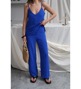 Kadın Shay Saks Ayrobin Ip Askılı Bluz Bol Paça Pantolon Takım, Yaz Yeni Sezon