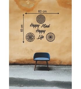 Leylaser 65*60 cm Happy Mind Happy Life Ahşap Duvar Yazısı (Siyah)