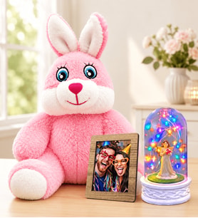 Kişiye Özel Fotoğraflı Renkli LED Işıklı Şans Melekli Fanus ve Pembe Peluş Tavşan Sevgiliye Kadına Hediye