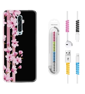 Oppo Reno 2Z 4 Lite 4 Pro 5 6 7 A31 Kılıf Kablo Koruma Spiral Silikon Pink Flowers 3 1393