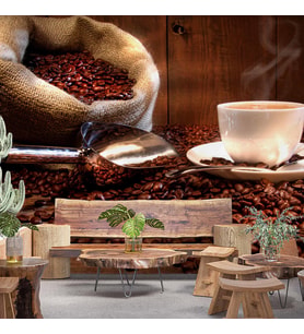 Fincan ve Kahve Çekirdeği Temalı Cafe Duvar Kağıdı Baskı