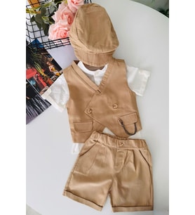 Miniğimin Cicileri Gentleman Yelekli Şapkalı Erkek Bebek Şort 4 lü Takım - KahveKöpüğü