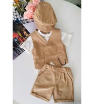 Miniğimin Cicileri Gentleman Yelekli Şapkalı Erkek Bebek Şort 4 lü Takım - KahveKöpüğü