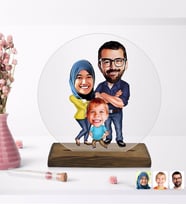BK Gift Kişiye Özel Tesettürlü Aile Karikatürlü Yuvarlak Ahşap Standlı Biblo-1